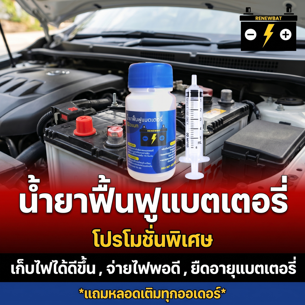 น้ำยาฟื้นฟูแบตรถยนต์ Renewbat ช่วยดูแลแบตเตอรี่เก่า ไฟอ่อน เหมาะกับการใช้งานทั่วไป #71