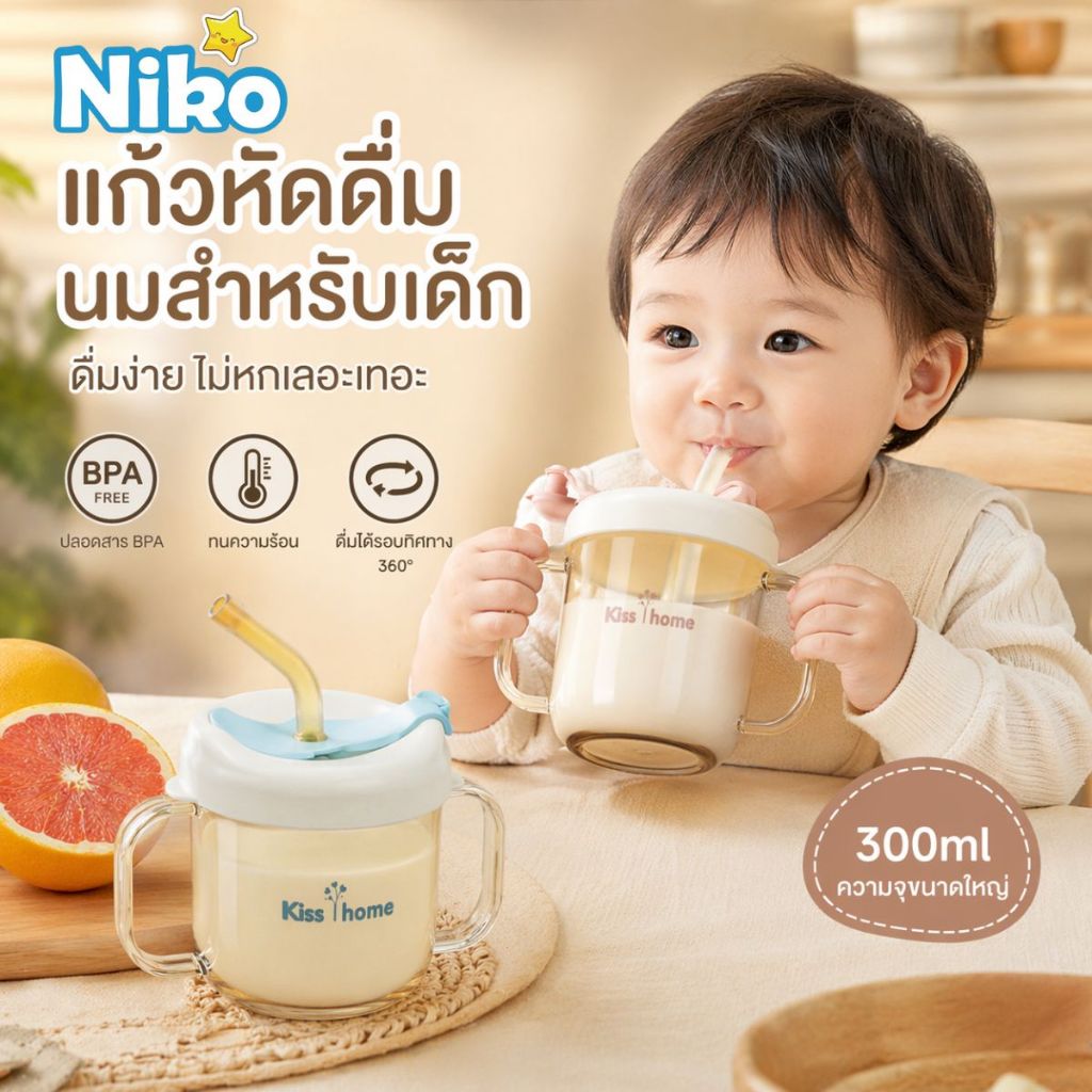 【NIKO】แก้วดูดหลอดฝึกดื่มสำหรับเด็ก พร้อมขีดวัด กันหล่น สำหรับเด็ก 1-3 ขวบ ใช้ดื่มนมและน้ำ