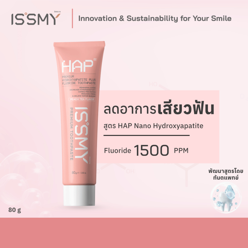 ISSMY ยาสีฟันลดเสียวฟัน สูตร HAP Hydroxyapatite กลิ่นชาพีช ผสมฟลูออไรด์ ลดเสียวฟัน ป้องกันฟันผุ ขนาด 80g
