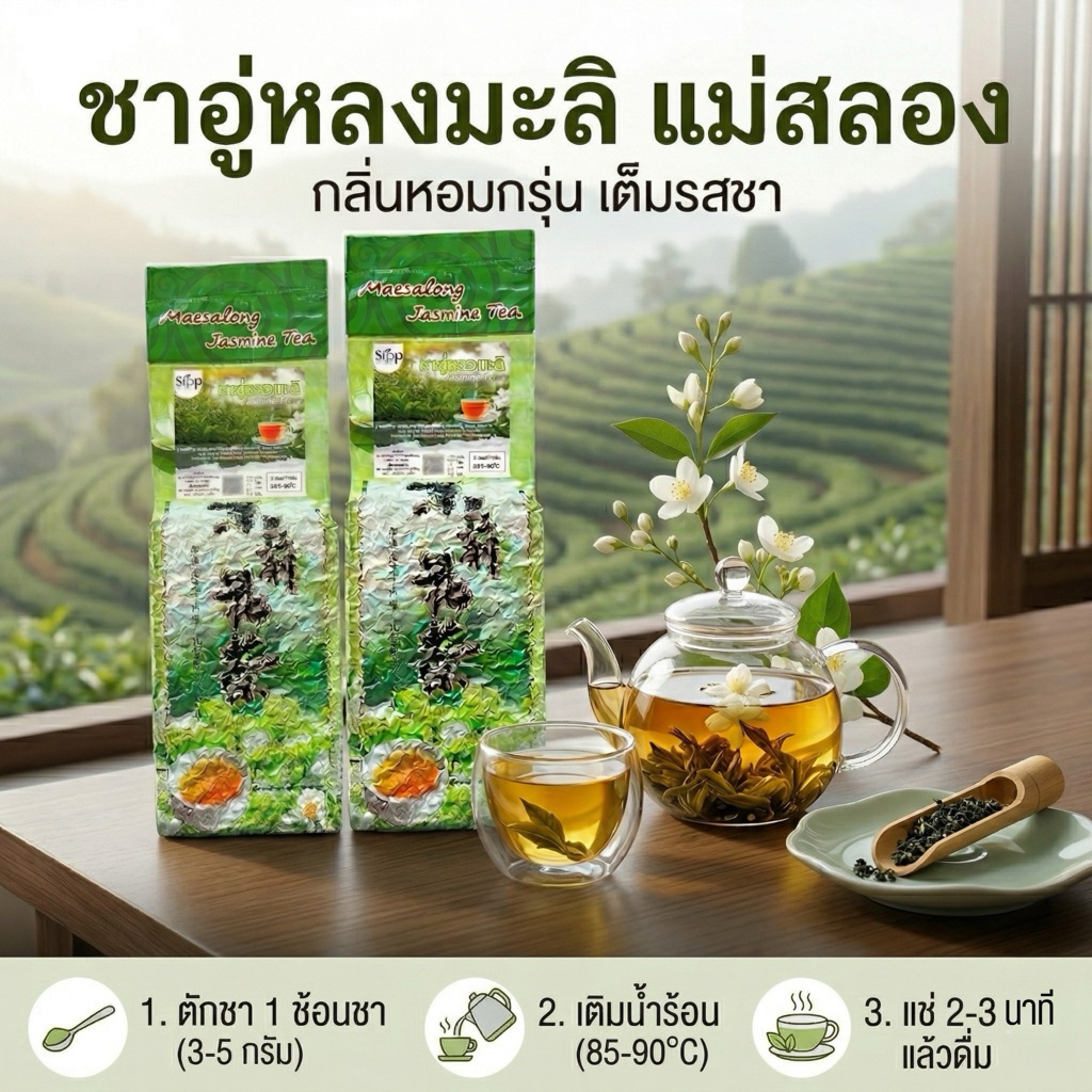 ชาอู่หลงผสมดอกมะลิแท้ | Jasmine Oolong Tea ชาอู่หลง มะลิแท้ ดอยแม่สลอง น้ำชาสีทองสวย รสชานุ่มละมุน
