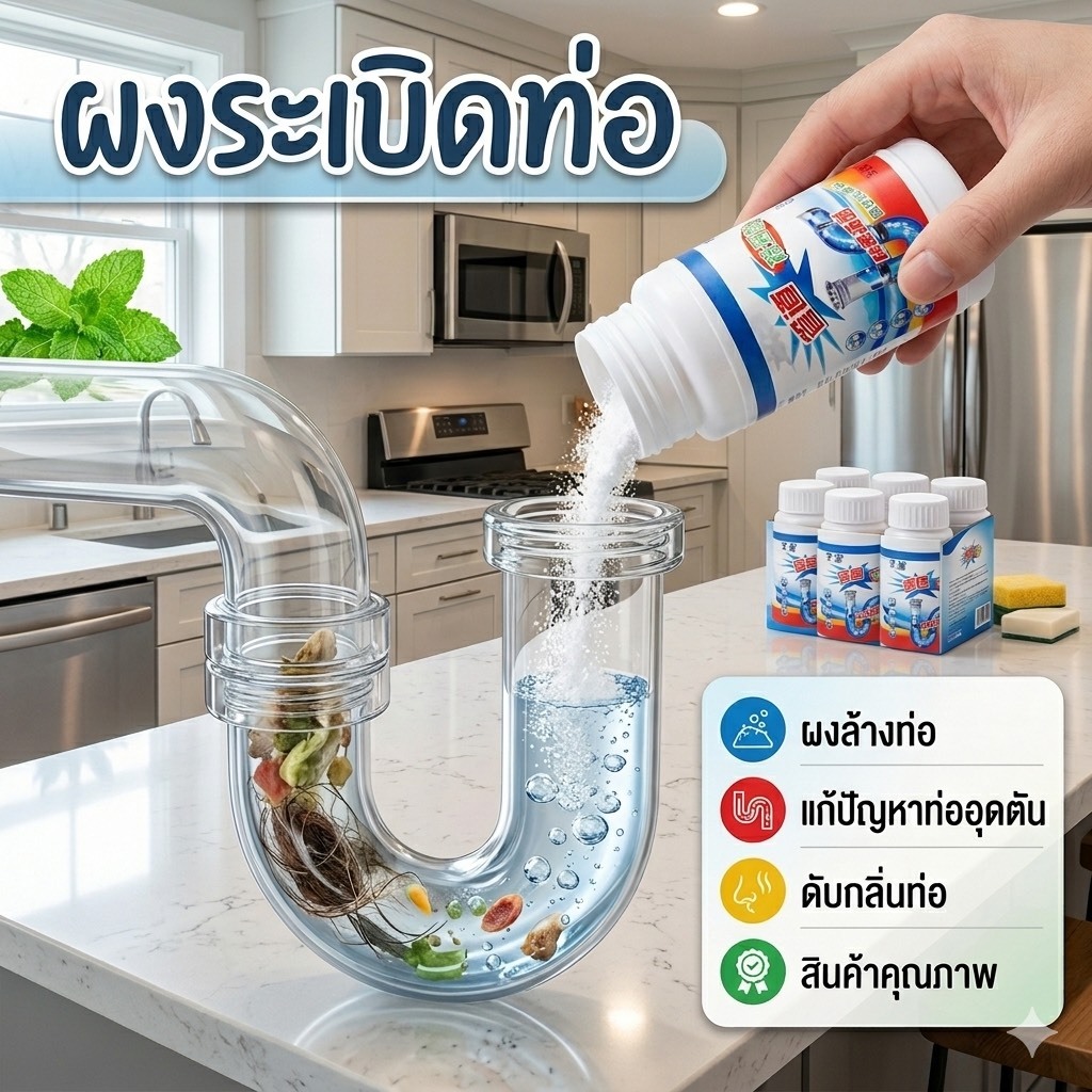 ผงล้างท่อ แก้ปัญหาท่ออุดตัน ดับกลิ่นท่อ ล้างไขมันอุดตัน