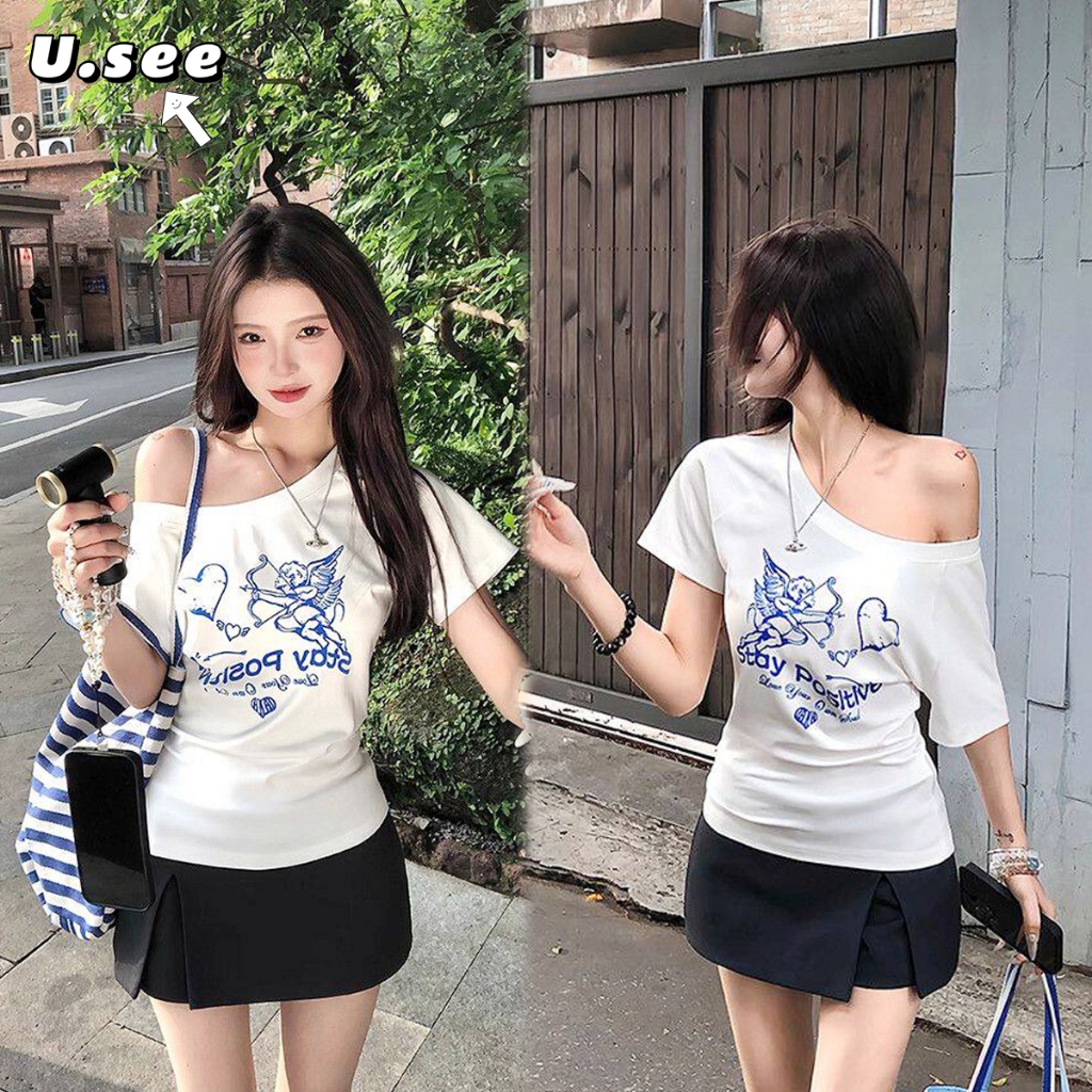 เสื้อคอเอียง เสื้อยืดสีขาว ลายคิวปิด ลายหัวใจตัวอักษร สไตล์เกาหลี#2445