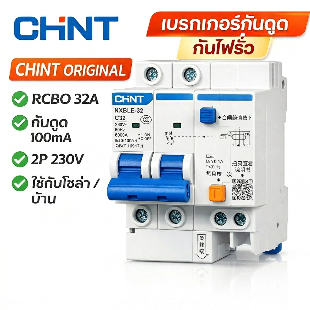 CHINT RCBO 2P 32A 100mA เบรกเกอร์กันดูด กันไฟรั่ว 230V เบรกเกอร์กันช็อต