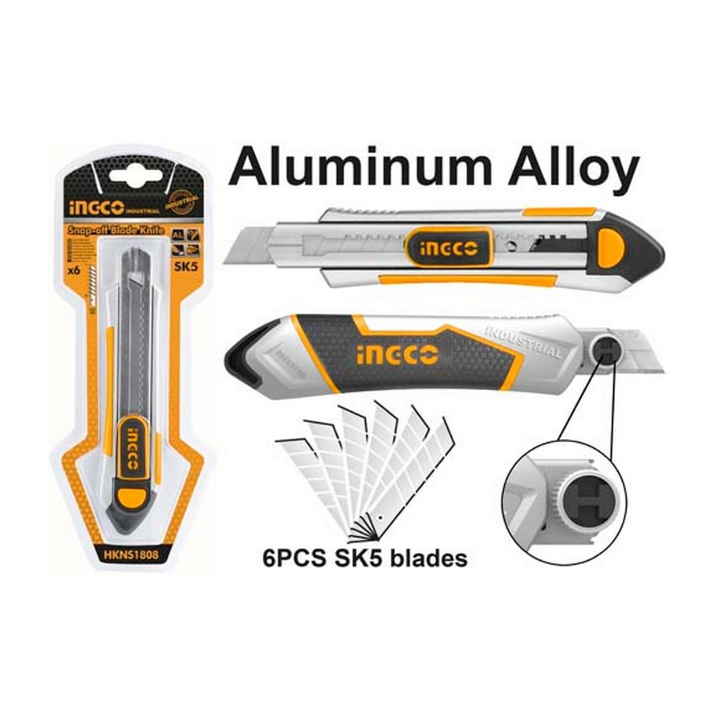 INGCO มีดคัตเตอร์อลูมิเนียม SNAP-OFF BLADE KNIFE 💥รุ่นใหม่ล่าสุด💥HKNS1808 อเนกประสงค์ ใบมีด 18 มม.