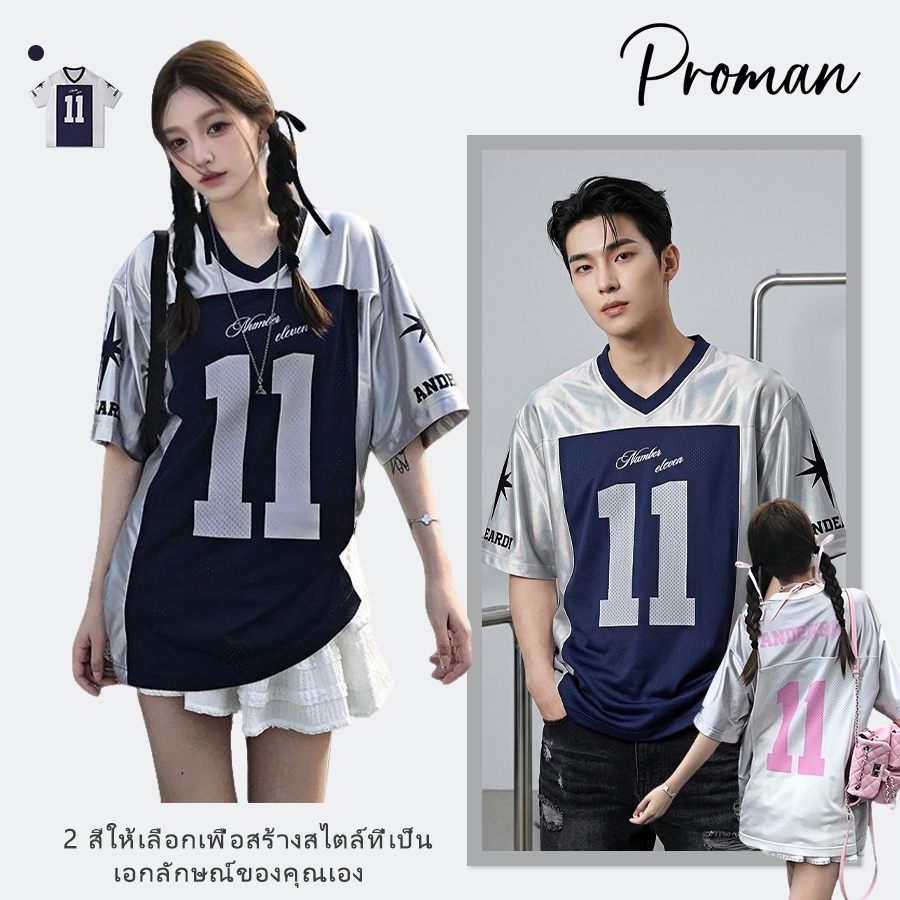 PROMAN แขนสั้นคอวีวินเทจสไตล์อเมริกัน  สีต่อ  ชุดคู่รัก  ยอดนิยม