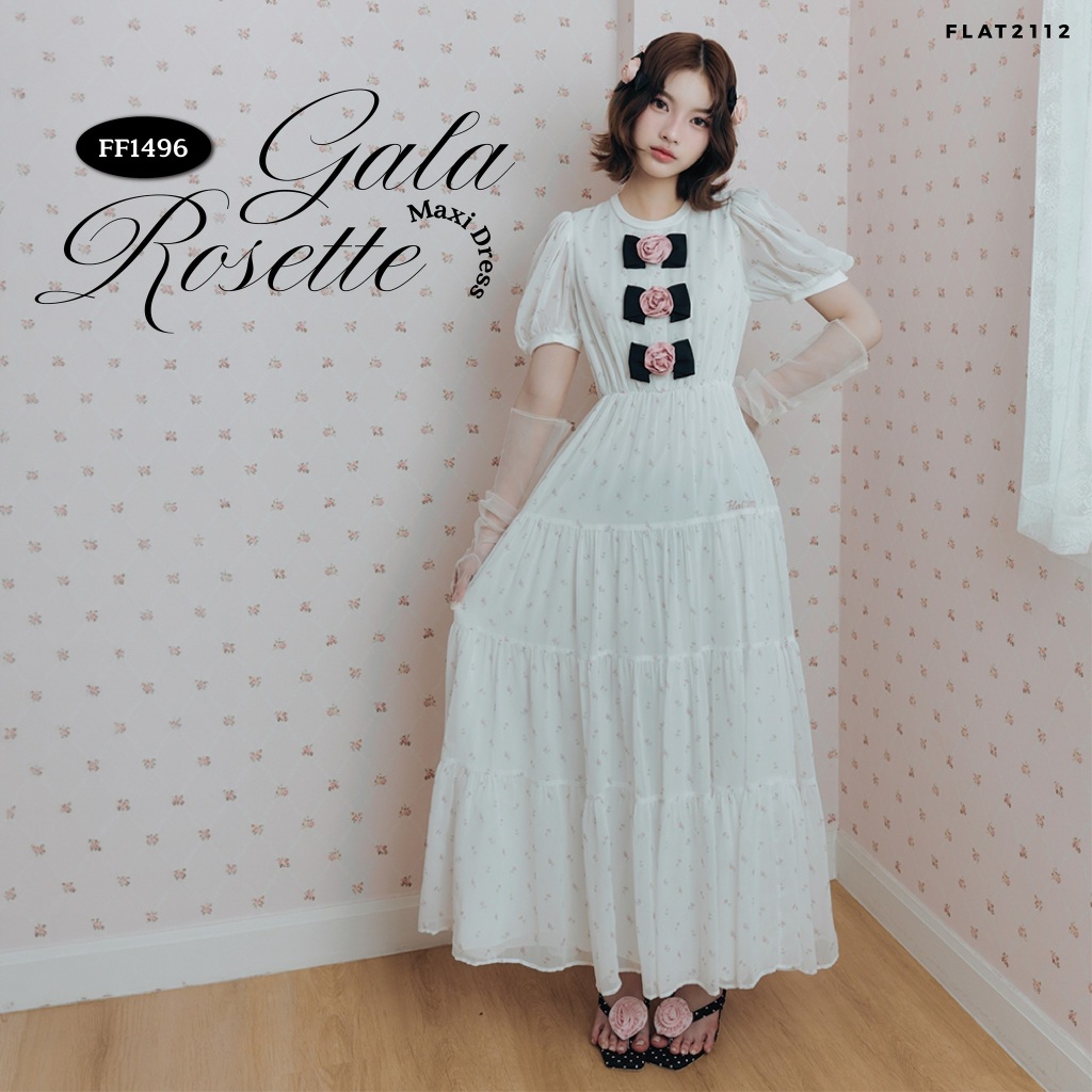 FLAT2112 : GALA ROSETTE MAXI DRESS เดรสยาวสีขาวลูกคุณ  เดรสทรงปล่อย ใส่สบาย เดรสเรียบร้อย ใส่ออกงาน (FF1496)