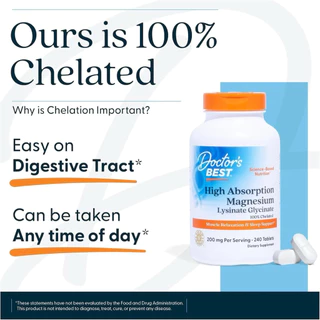 ✅พร้อมส่ง แมกนีเซียม ไกลซิเนต⭐️ Doctor's Best, High Absorption Magnesium Glycinate + Lycinate, 100 mg, 120 Tablets