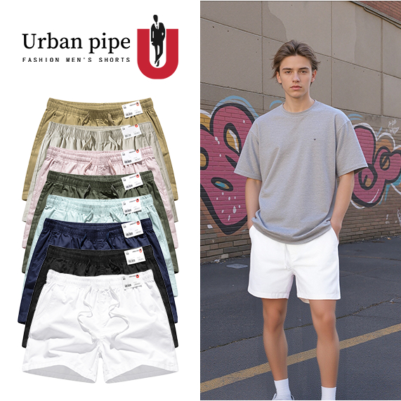 URBAN PIPE ผู้ชายกางเกงขาสั้นสีทึบเหนือเข่า 28-34 ระบายอากาศนุ่มและอบอุ่นออกแบบเอวยางยืดผ้าฝ้าย 100% Cleanfit Plain 0261