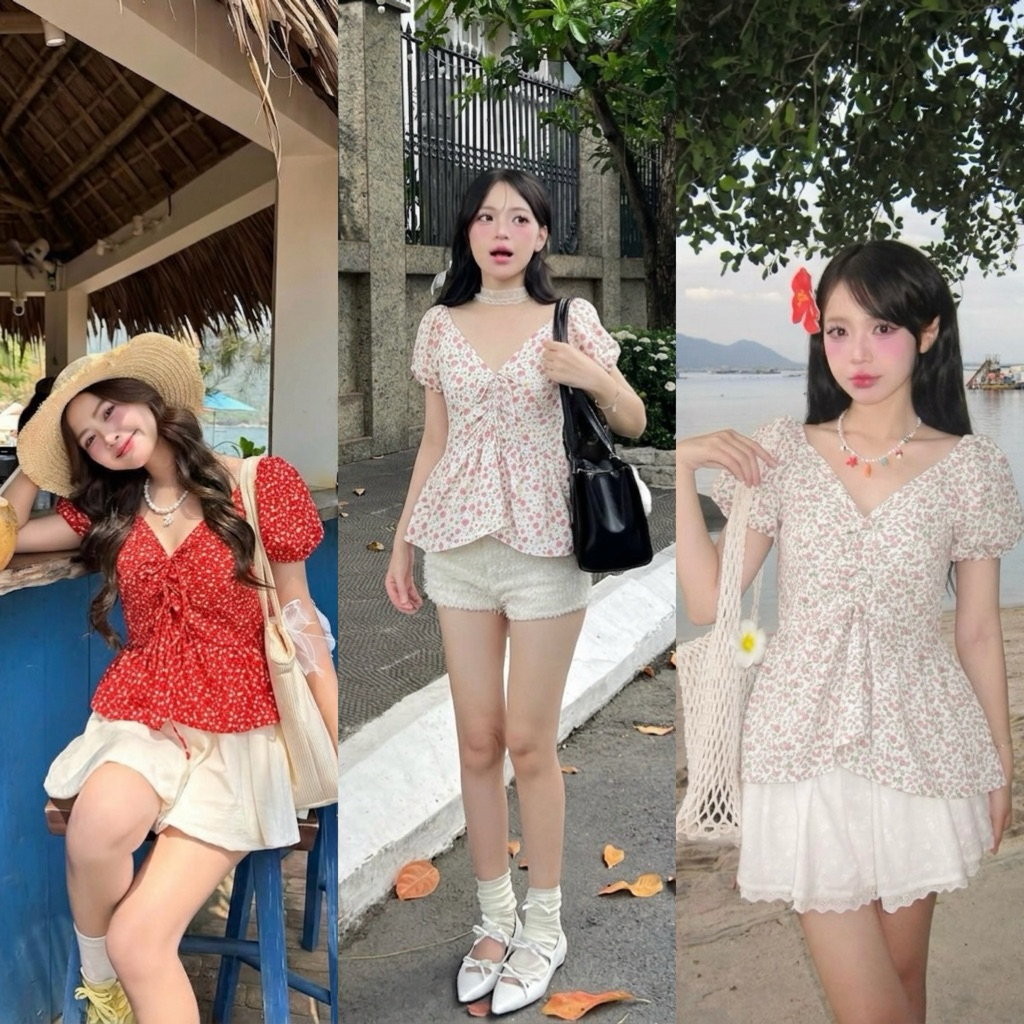เสื้อทรงหลวมคอทรงวี แขนตุ๊กตา เสื้อลายดอกไม้ สำหรับผู้หญิง ดีไซน์น่ารัก ใส่สบาย ดูดี ทุกโอกาส