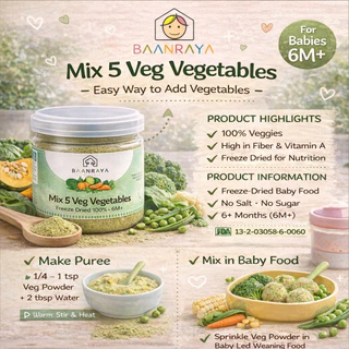 🌱🎃ผักรวม 5 ชนิด🌽🥬🥕100% ผงผักเด็ก 6M+ ฟรีซดราย ❄️ไฟเบอร์สูง | Mixed 5 Veg Powder Baby Food Baan Raya