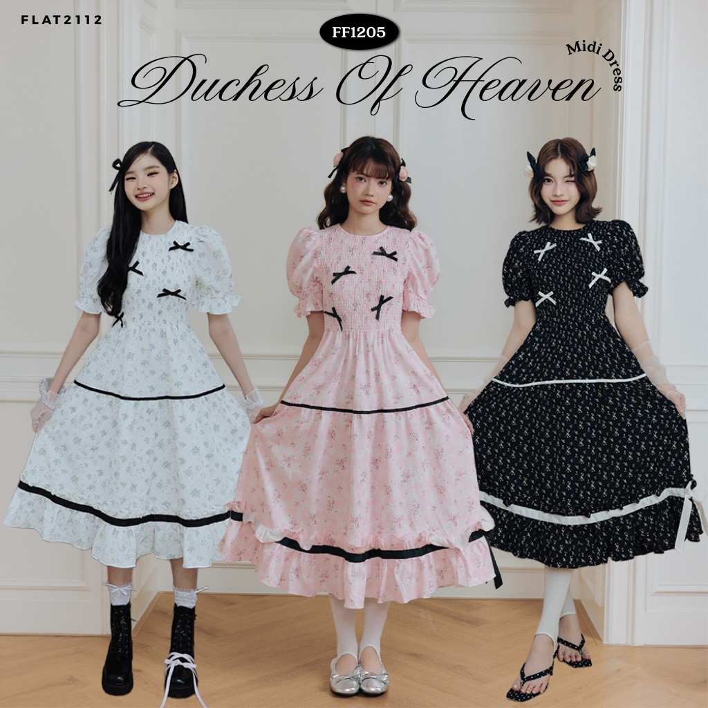 FLAT2112 : DUCHESS OF HEAVEN MIDI DRESS  เดรสยาวเรียบหรู คอกลมใส่ง่าย ผ้าพริ้วใส่สบาย ชุดไปเที่ยว ชุดไปคาเฟ่ (FF1205)