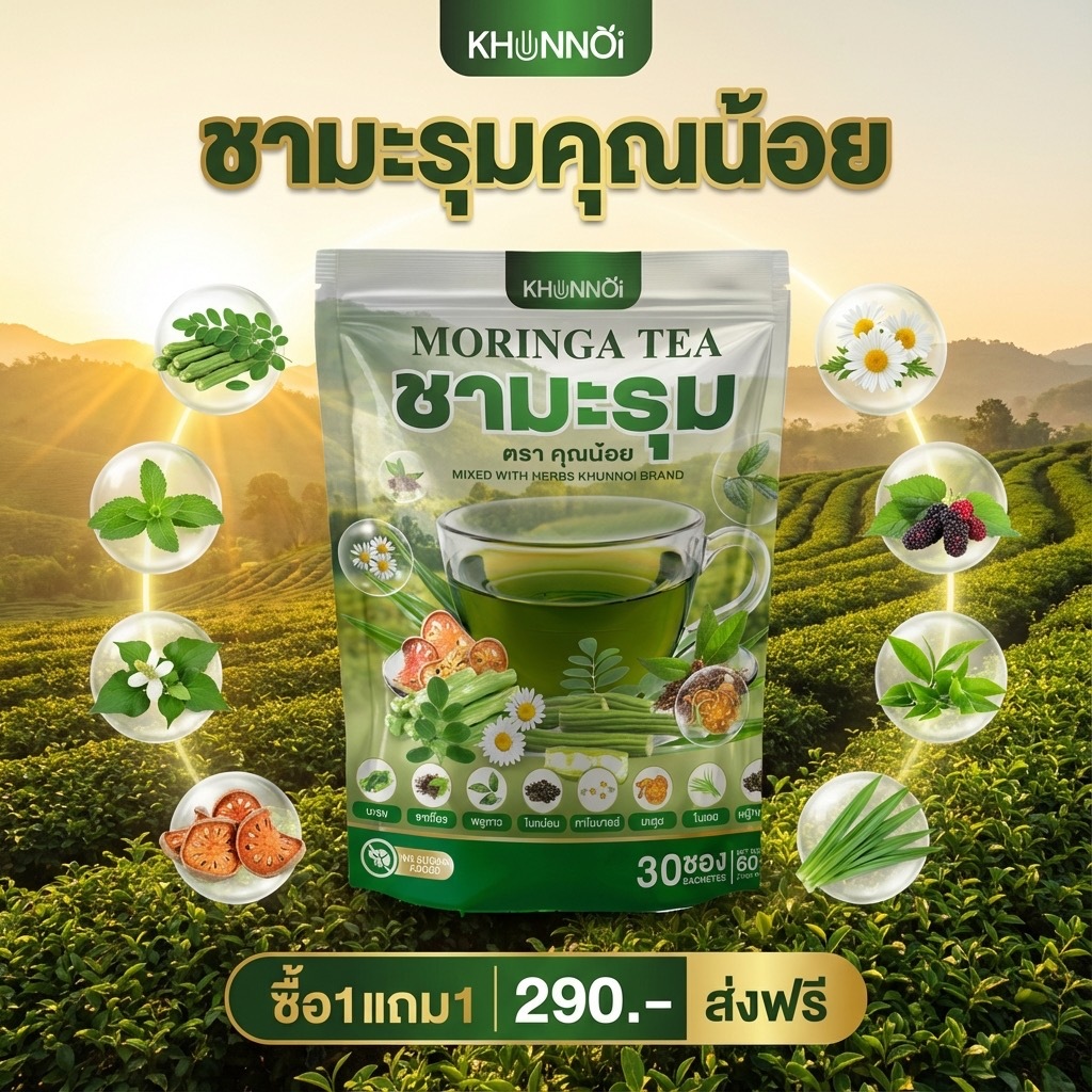 KHUNNOI ชามะรุม คุณน้อย ช่วยดูแลควบคุมระดับน้ำตาล ความดัน ไขมัน (1 แถม 1) ชงดื่มวันละ 1-2 ซอง
