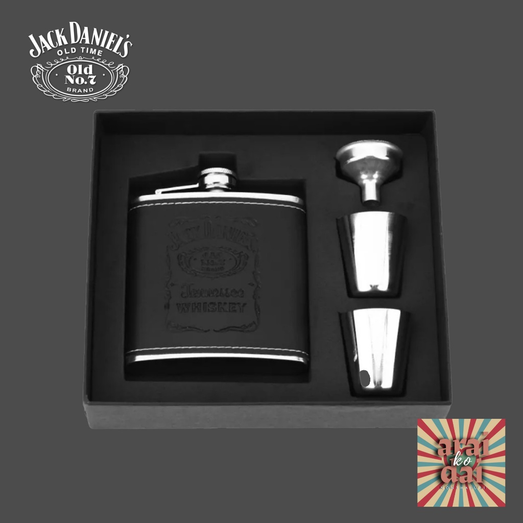Jack Daniel's 6oz Stainless Steel Leather Whiskey Flagon Wine Bottle Hip Flask Set with Funnel Cups 