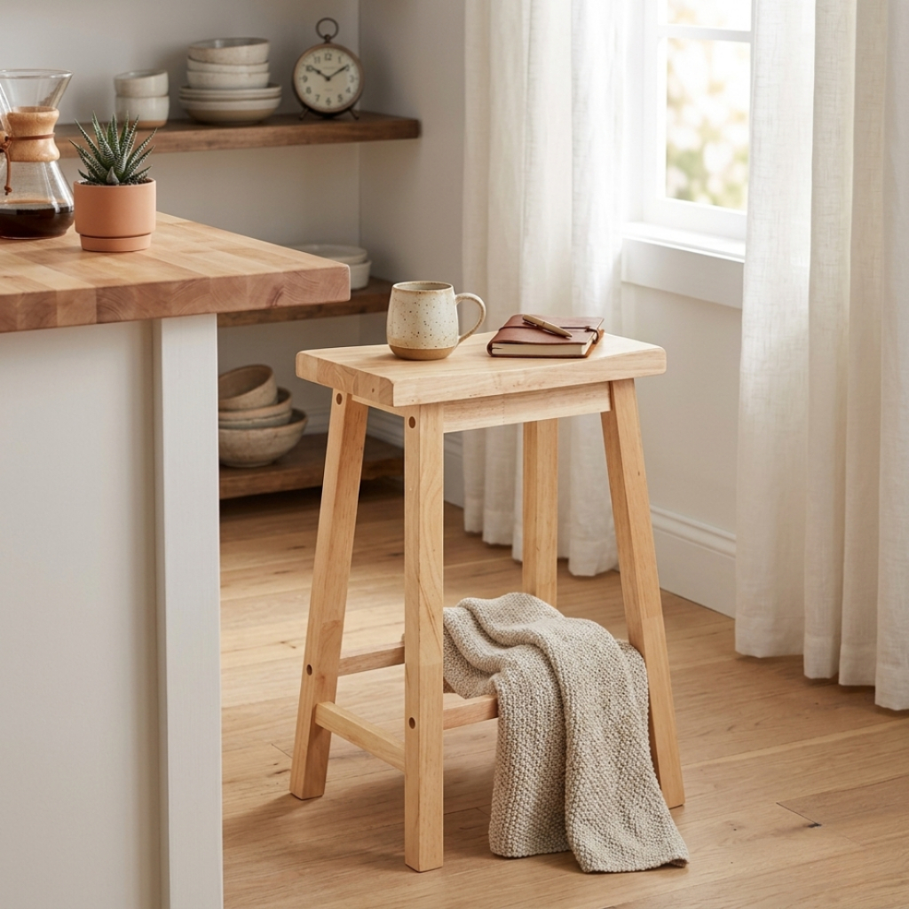PJ wood เก้าอี้บาร์ 24 นิ้ว ทรงอานม้า เก้าอี้สตูลไม้แท้ 24-Inch Rubberwood Saddle stool