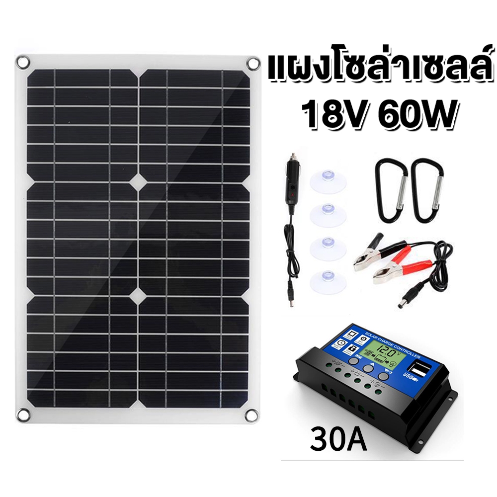 EWONLY โซล่าเซลล์ แผงโซล่าเซลล์18v 60W พลังงานแสงอาทิตย์และลม แผง โซล่าเซลล์ พลังแสงอาทิตย์ โซล่าเซล