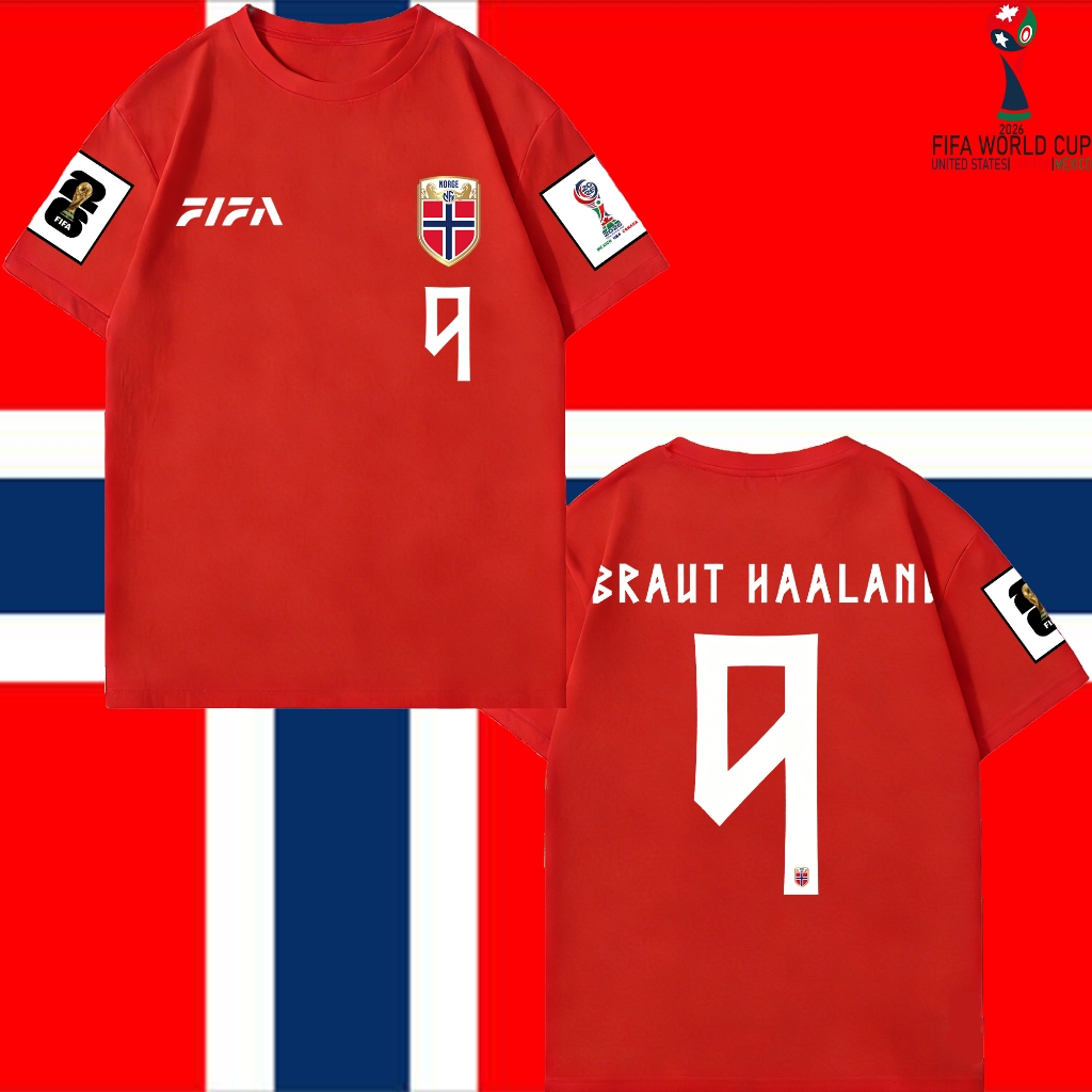 World Cup/นอร์เวย์/ฮาแลนด์ T-shirt No.9 Erling Braut Haaland jersey/เสื้อกีฬา/Unisex/ผ้าฝ้าย/เสื้อแข