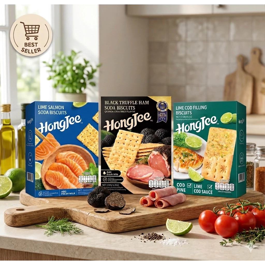 HongJee Soda Biscuits 3รส Black Truffle Ham & Lime Salmon & Lime Cod Filling 120g. นำเข้า อร่อย หอมนัว หมักนาน 22 ชม.
