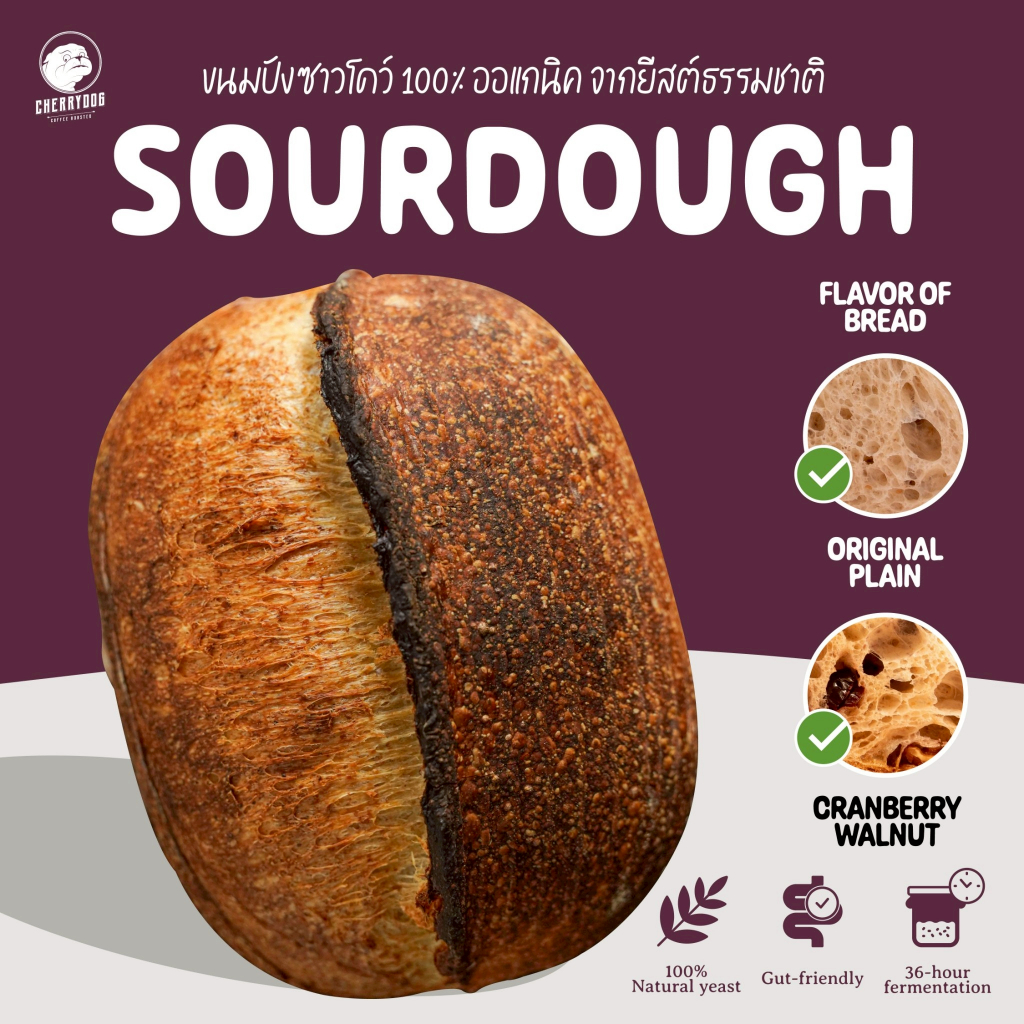 Cherrydogขนมปังซาวโดว์Sourdough650กรัม สั่งสินค้าจัดส่งใน3วัน แป้งโฮลวีทยีสต์ธรรมชาติไม่ใส่สารกันบูด