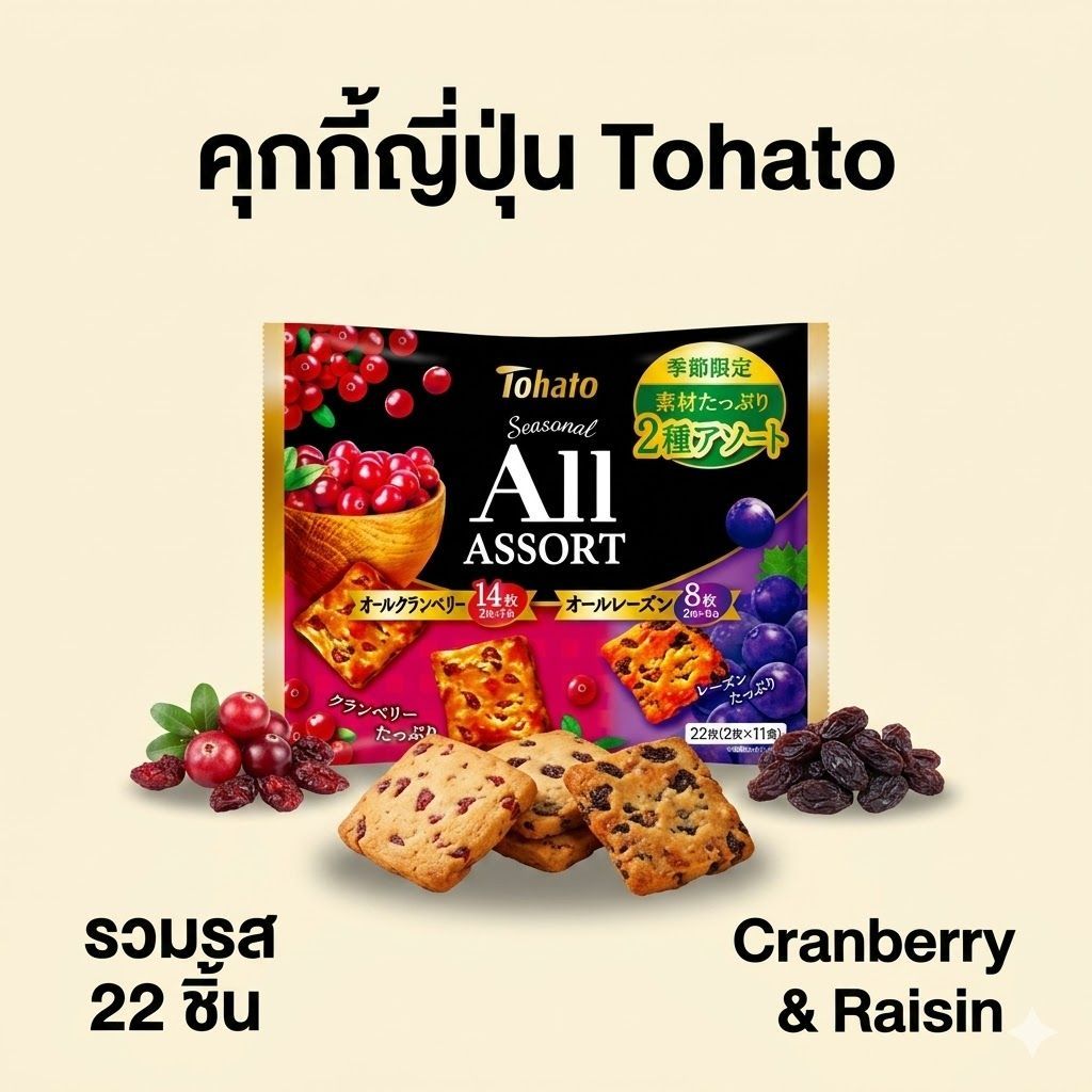 Tohato คุกกี้ญี่ปุ่นรวมรส Cranberry & Raisin 22 ชิ้น คุกกี้ผลไม้ญี่ปุ่น เนื้อนุ่ม Seasonal Limited 167g