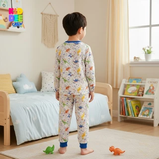 KiddeeCrew ชุดนอนเด็ก สีเทาไดโนเสาร์ฟ้า ผ้าcotton 100% เหมาะสำหรับอายุ 1-12 ปี