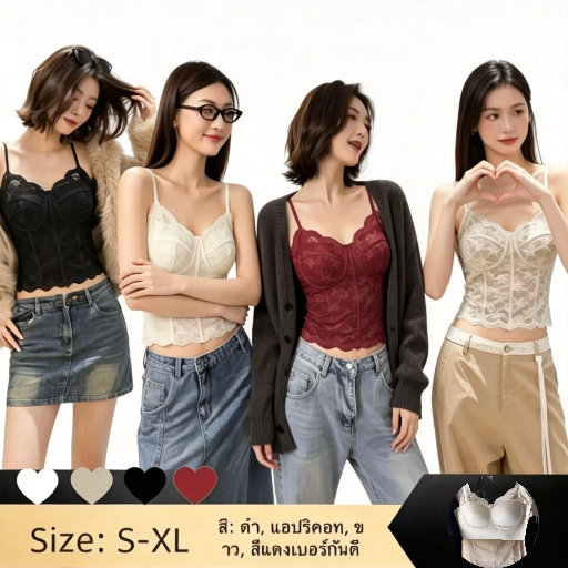 พร้อมส่ง เสื้อสายเดี่ยว เสริมฟองน้ำในดีเทลลายลุกไม้ ทรงรัดรูป (รุ่น-6100)