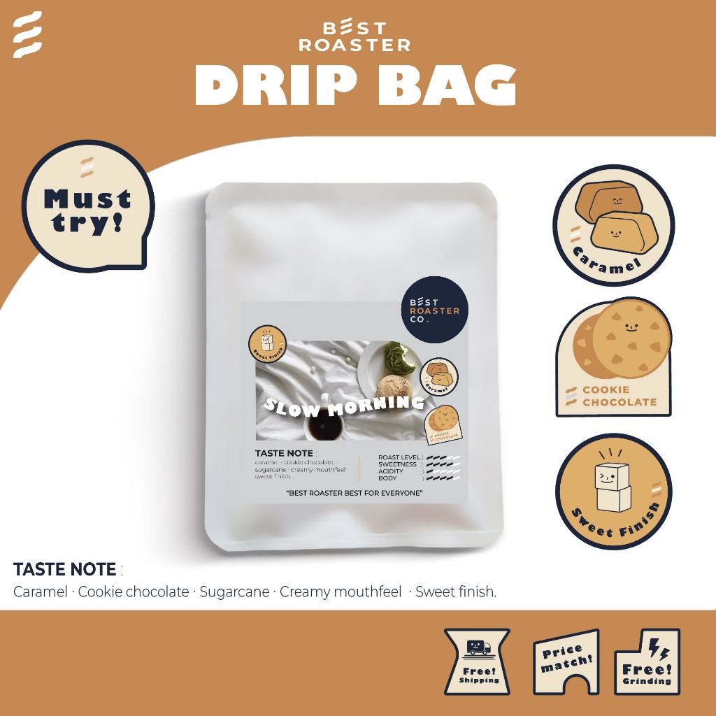 ชุด drip Slow morning กาแฟพกพา คั่วกลาง กาแฟโทนช็อคโกแลตชิป คุ้กกี้ บอดี้ละมุน