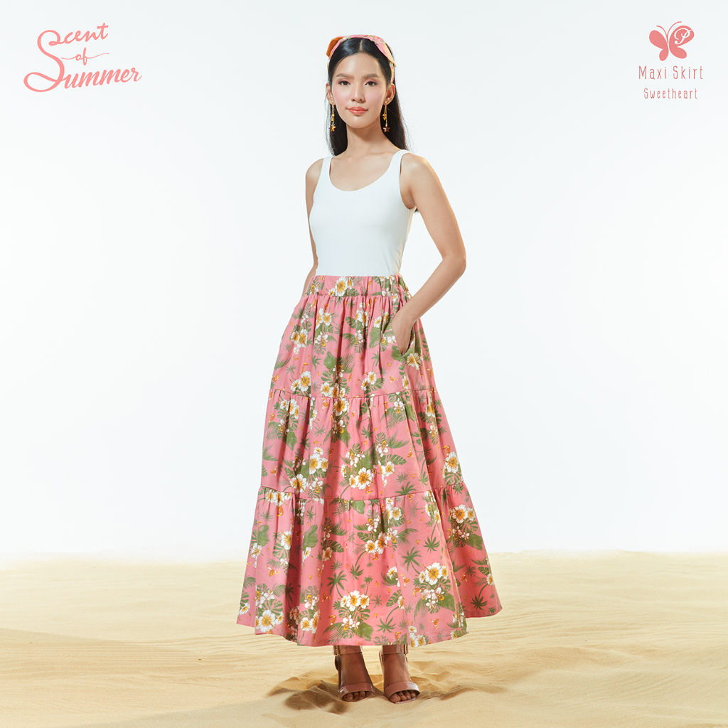 กระโปรงผู้หญิง [Papillon] Seabreeze Maxi Skirt เอวยางยืด มีกระเป๋า 2 ข้าง ลายดอกชบา ผ้า Cotton Rayon Twill ฝ้ายผสมเรยอน