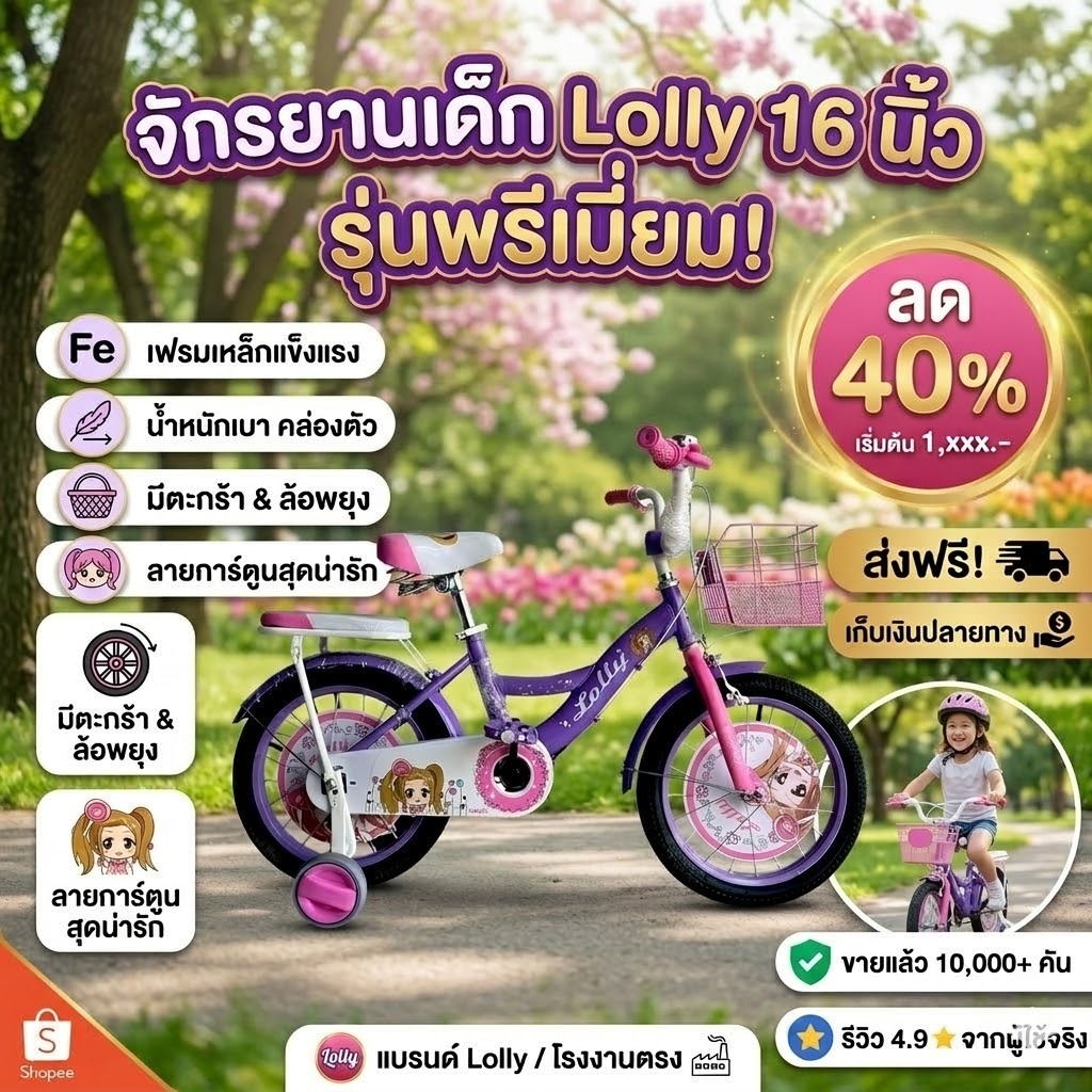 จักรยานเด็กผู้หญิง ลายการ์ตูน ล้อ 16 นิ้ว รุ่น LG 16 ตะกร้า+กระดิ่ง จักรยานเด็ก จักรยานล้อข้าง
