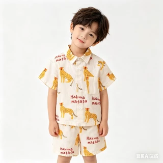 MC034 ชุดเซ็ต เสื้อเชิ้ตแขนสั้น + กางเกงขาสั้น พิมพ์ลายเสื้อ แฟชั่นฤดูร้อน สําหรับเด็กผู้ชาย Songkran