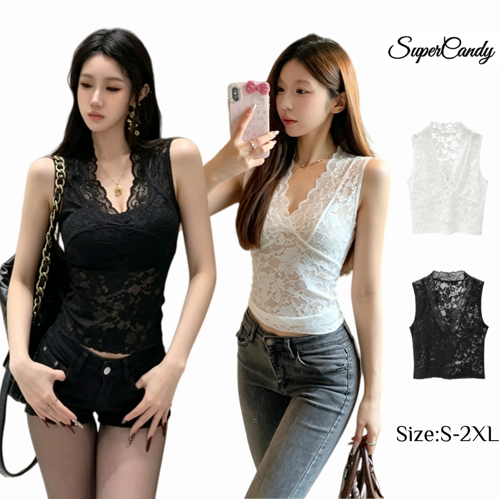 SuperCandy🌷เสื้อสายเดี่ยวคอวีสีขาวแต่งขอบลูกไม้สำหรับผู้หญิง เหมาะสำหรับฤดูร้อน ให้ความรู้สึกหรูหราและสวยงาม สามารถใส่เด