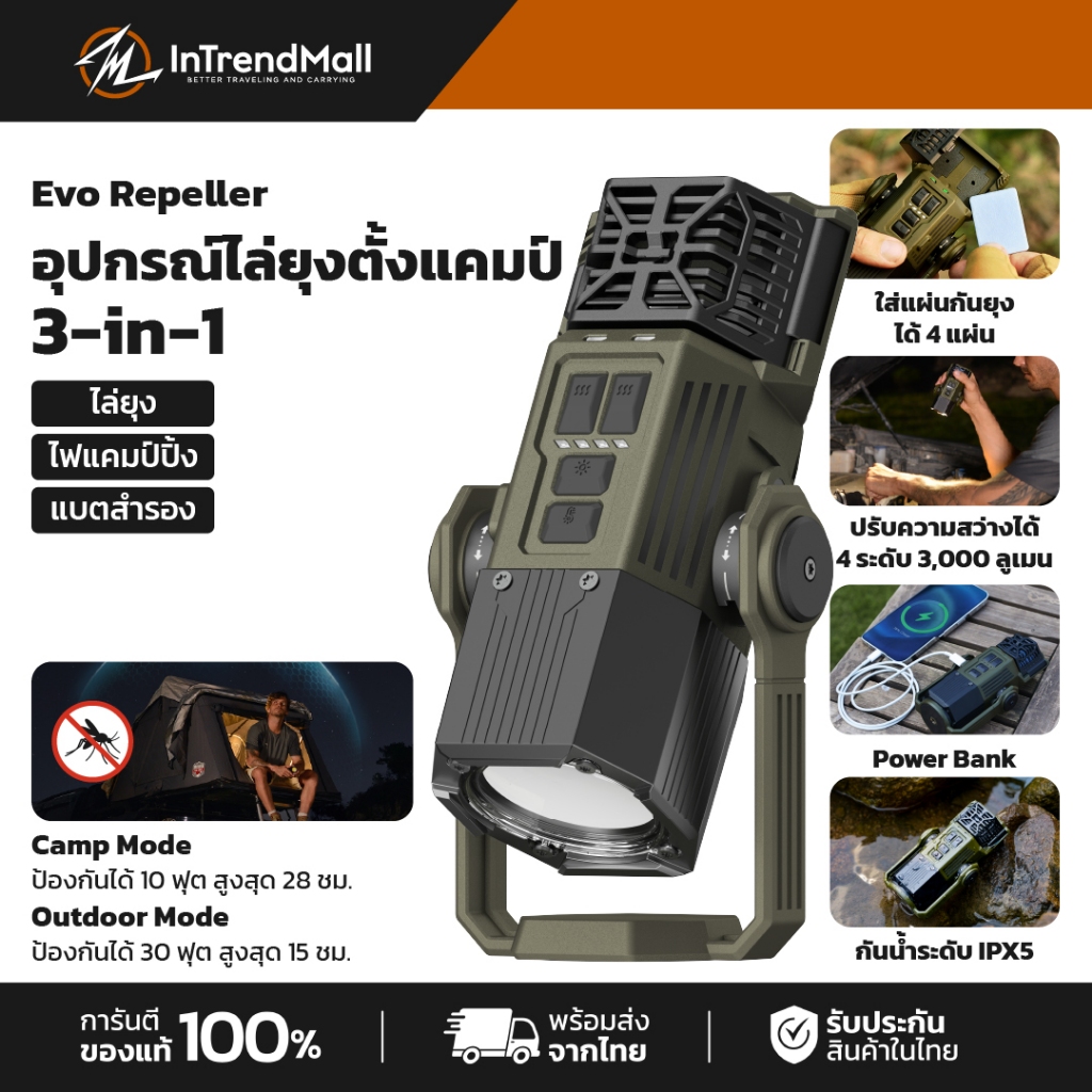 FLEXTAIL Evo Repeller อุปกรณ์ตั้งแคมป์ 3-in-1 ไล่ยุง ไฟแคมป์ปิ้ง และที่ชาร์จแบตสำรอง สำหรับสายแคมป์