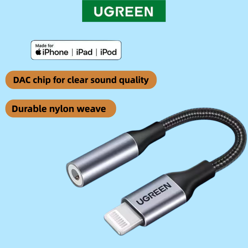 UGREEN MFiการรับรอง 3.5mm Adapter for 14 Pro Max อัพเกรด สายนิลอนถัก Aluminum alloy shell สำหรั ไม่มีเสียงรบกวน