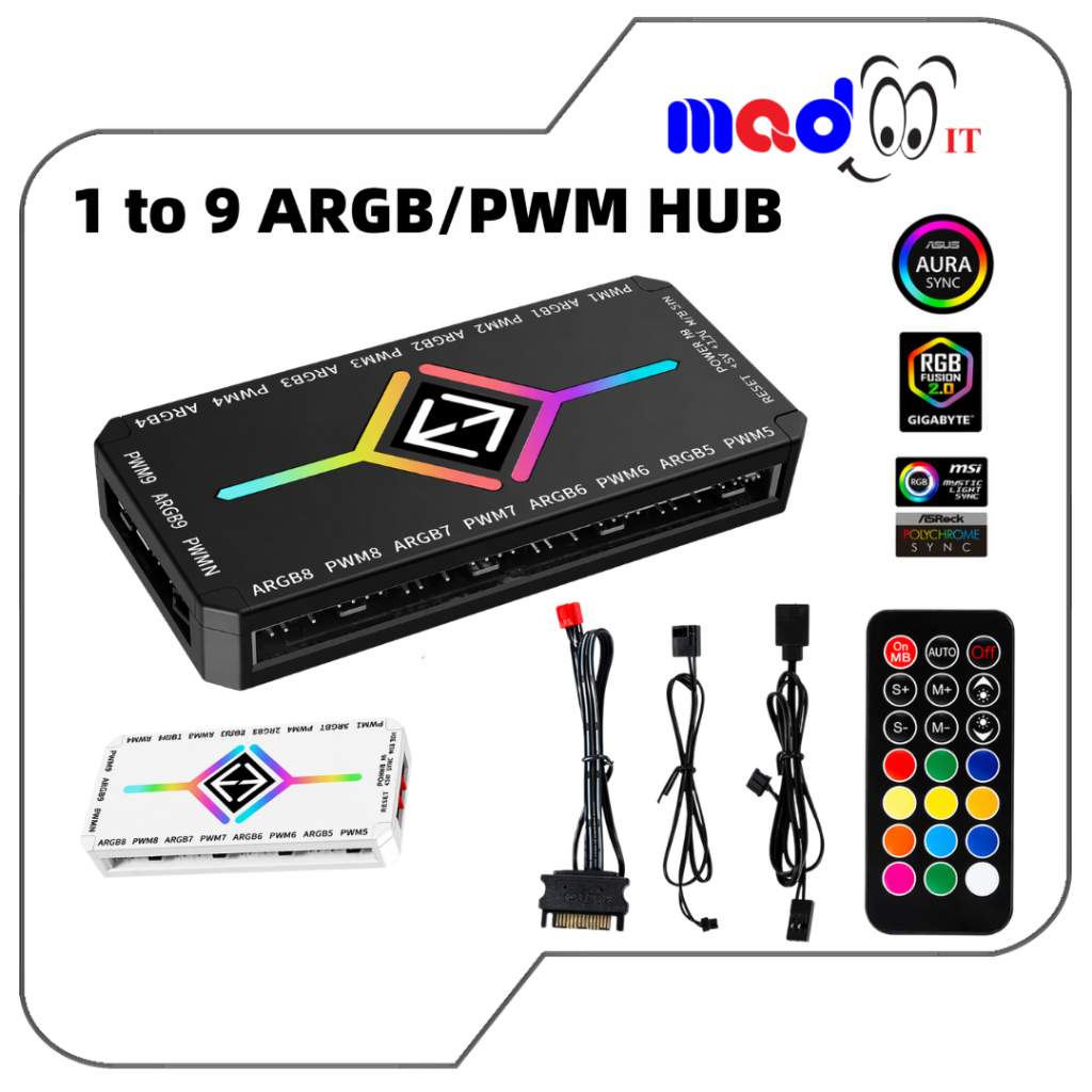 ฮับ ARGB PWM Fan Hub 1-9 ช่อง 5V 3Pin Controller ฮับพัดลมคอม RGB SATA Magnetic ควบคุมไฟ