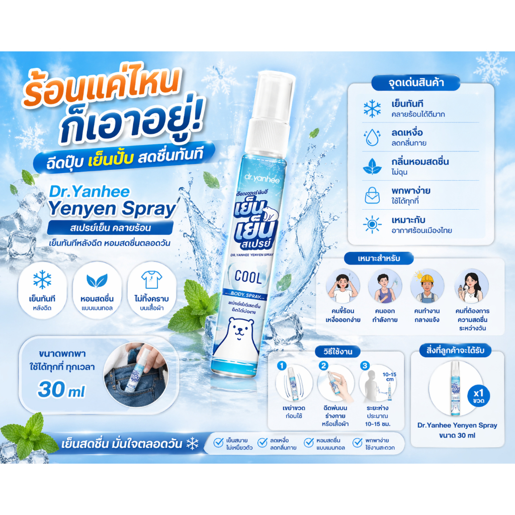 Dr.Yanhee Yenyen Spray สเปรย์เย็น ด็อกเตอร์ยันฮี 30ml  สเปรย์ คลายร้อน เย็นทันที ลดเหงื่อ ลดกลิ่นกาย