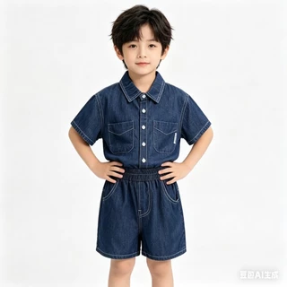 MC248 เซ็ตยีนส์เด็กผู้ชาย 2 ชิ้น เสื้อเชิ้ตคอปก กางเกงขาสั้น หล่อเท่สไตล์เกาหลี