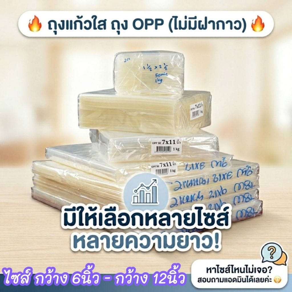 ถุงแก้วใสOPPเกรดA ไม่ใช่ฝากาว หนา50mic.(แพ็คละ1กิโลกรัม)