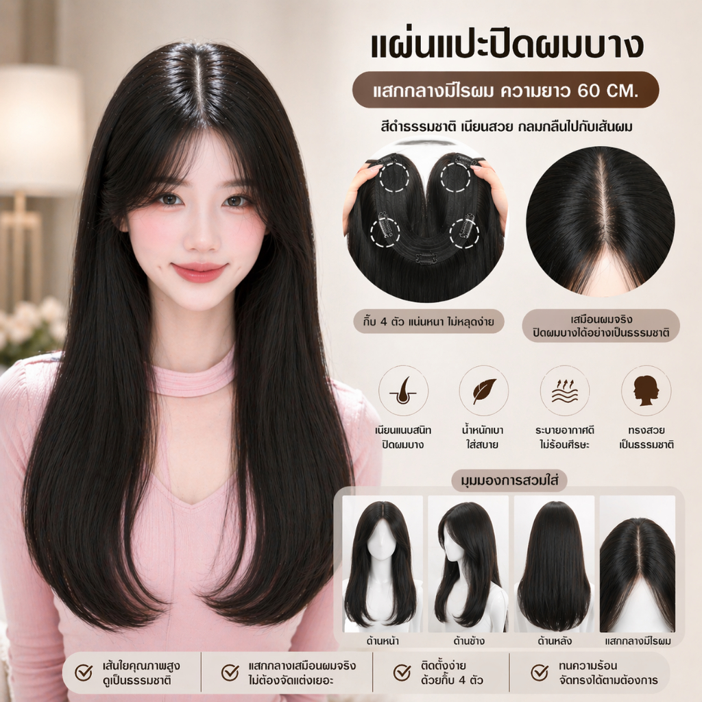 MAYAWIG วิกผมแผ่นแปะปิดผมบาง ปิดหงอก เสริมผมหนา ทอมือตัว U ผมตรงสไลด์ สีดำธรรมชาติ (60 cm.) SZH205