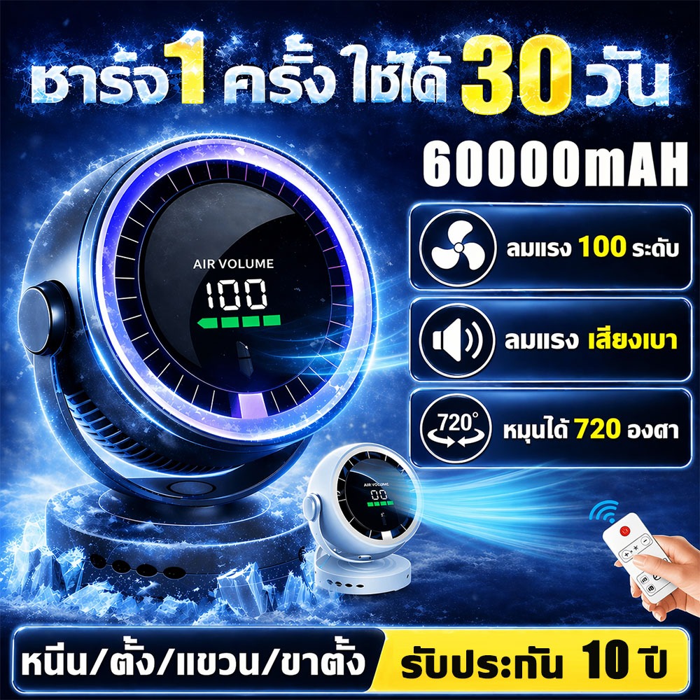 【เย็นกว่าแอร์】8นิ้ว พัดลมตั้งโต๊ะ พัดลมพกพา 60000mAh ชาร์จUSB ลมเร็ว100ระดับ ใบพัดกังหัน7ใบลมแรงเงียบ พัดลมหนีบ