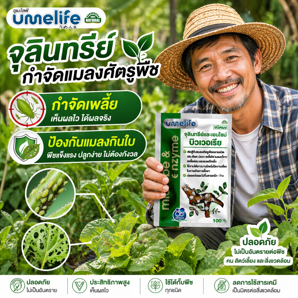 อูเมะไลฟ์ บิวเวอเรีย 100 กรัม กำจัดแมลงศัตรูพืช ป้องกันแมลง ป้องกันใบเหี่ยวจากเพลี้ย กำจัดเพลี้ย