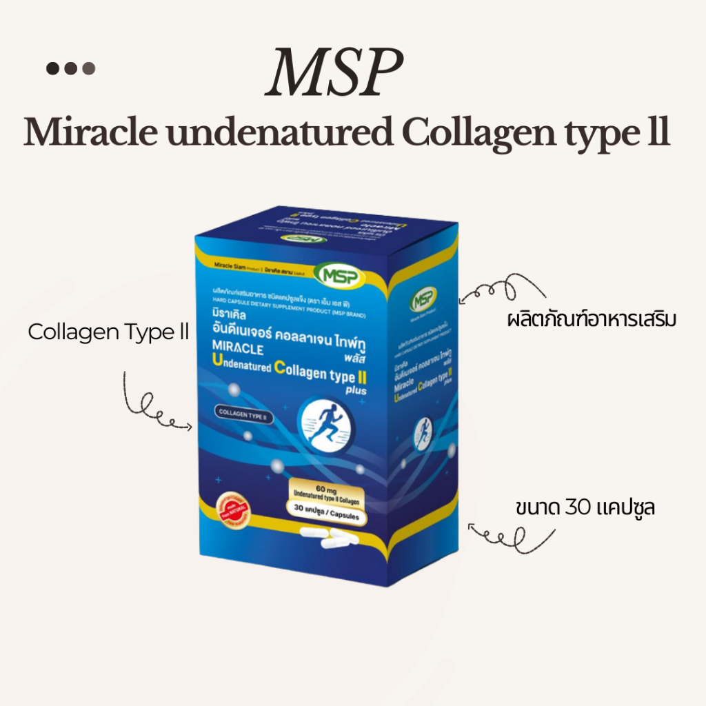 MSP มิราเคิล อันดีเนเจอร์ คอลลาเจน ไทพ์ทู Miracle Undenatured Collagen Type Plus ขนาด30แคปซูล