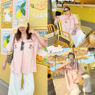 SUNKISSED SHIRT เสื้อเชิ้ตผู้หญิงโอเวอร์ไซส์แขนสั้น ปักลายกระเป๋า เสื้อเชิ้ตเกาหลี เสื้อคลุมผู้หญิง ผ้านุ่มใส่สบาย