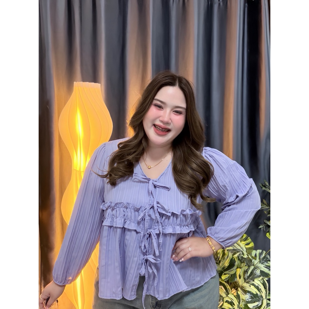 เสื้อสาวอวบ พลัสไซส์ (รุ่น ง65) Layer Blouse เสื้อเลเยอร์ ผูกโบว์ แขนยาว พรางพุง ใส่สบาย ลุคหวานเกาหลี