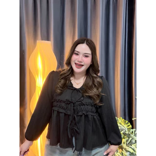 เสื้อพลัสไซส์ รุ่น ง65 Layer Blouse อกใหญ่ใส่ได้ เสื้อสาวอวบ ผูกโบว์ แขนยาว ทรงปล่อย ใส่สบาย ไม่รัด
