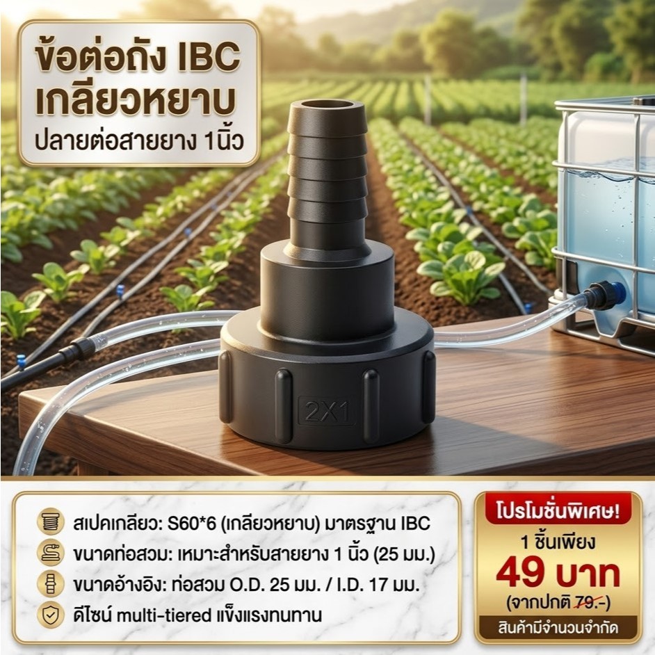 ข้อต่อถังน้ำ IBC พันลิตร แบบเกลียวหยาบ ปลายเชื่อมต่อสาย ขนาด 1 นิ้ว (พร้อมจัดส่ง)