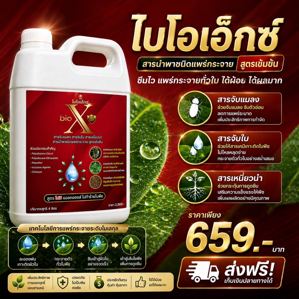 สารจับใบ จับแมลง ไบโอเอ็กฝาแดง ช่วยการแพร่กระจาย เพิ่มการดูดซึม ปุ๋ย/ยา เกาะใบดี ขนาด 4ลิตร