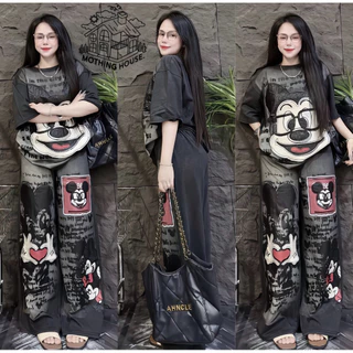 Set 2ชิ้น พิมพ์ลายมิกกี้ใส่แว่น กางเกงขายาว ฟรีไซร์