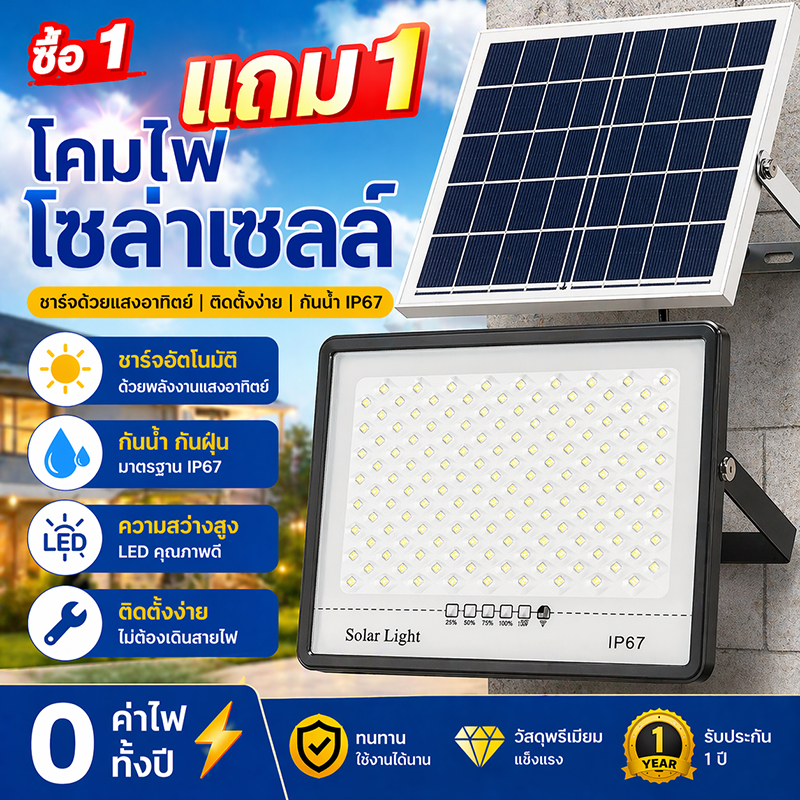 🔥ซื้อ 1 แถม 1🔥 ไฟโซล่าเซลล์ 11000000W โซล่าเซลล์ ไฟสว่างมาก ไฟโซล่าเซล กันน้ำ สว่างอัตโนมัติเมื่อฟ้ามืด
