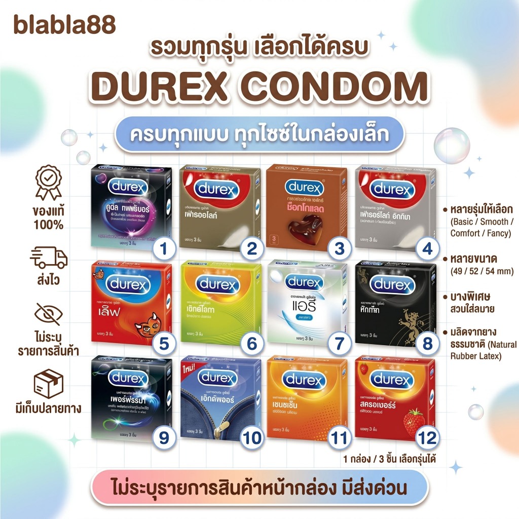แท้ Durex Condom[ขนาด 49-56 มม.] ถุงยางอนามัย ดูเร็กซ์ [บรรจุ 3ชิ้น/กล่อง] ถุงยางอนามัยแบบบาง
