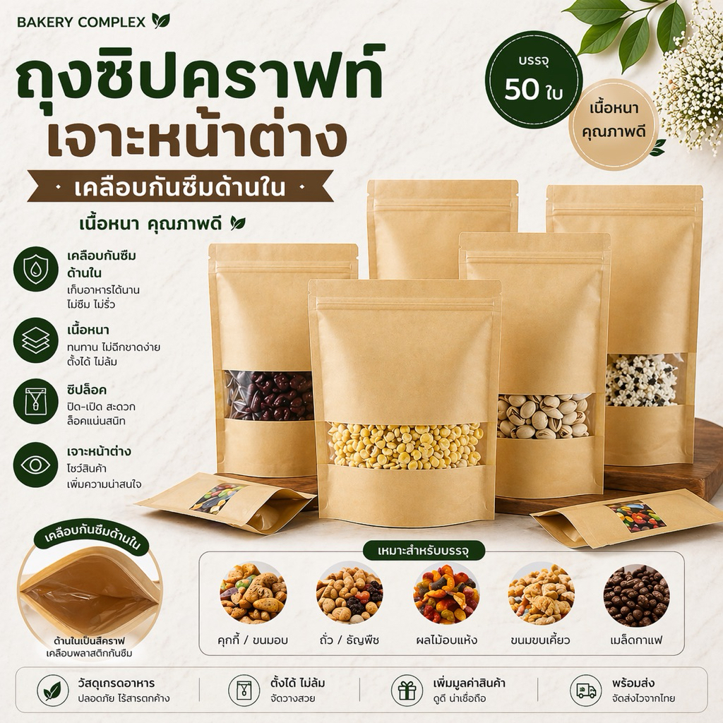 🚚ส่งฟรี ส่งไว🔥ถุงซิปล็อคคราฟท์ เจาะหน้าต่าง (50ใบ) เคลือบกันน้ำมันด้านใน ด้านนอกกระดาษคราฟ