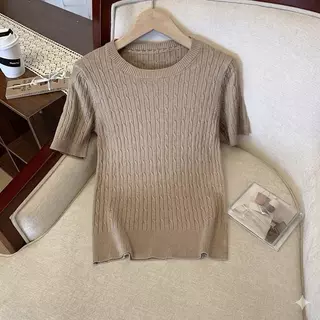 LITTLEMOM เสื้อยืดคอกลมแขนสั้นลายเปีย ถักเกลียว สำหรับผู้หญิง มี 2 ไซส์ รุ่น YUED
